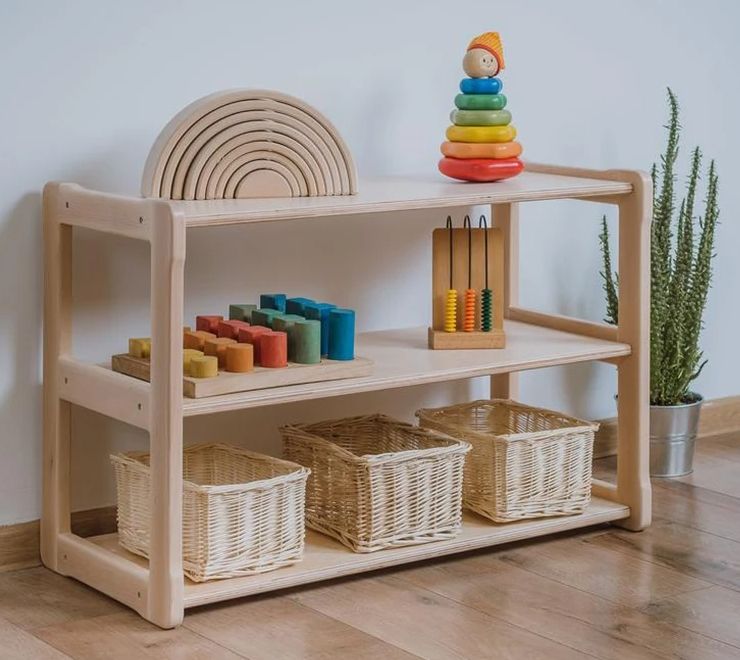 Montessori Kids Washing Station with Mirror &mdash; Natural Wood Standing Shelf Organizer with Woven Baske