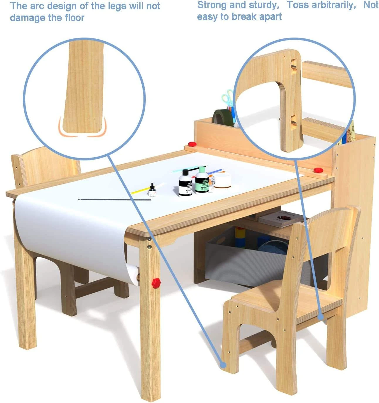 Kids Wooden Activity Table and Chair Set with Built-in Storage Organizer &mdash; Natural Pine Table with D