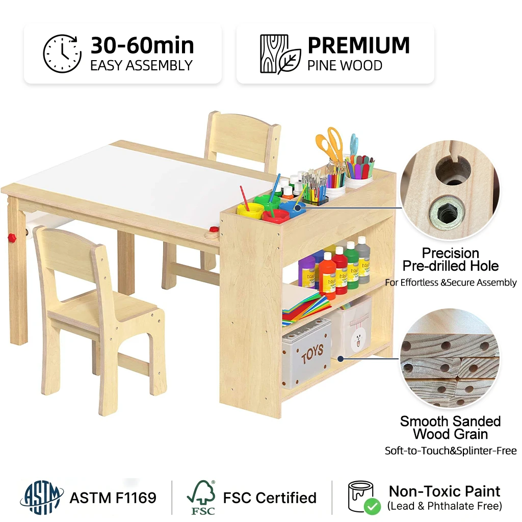 Kids Wooden Activity Table and Chair Set with Built-in Storage Organizer &mdash; Natural Pine Table with D