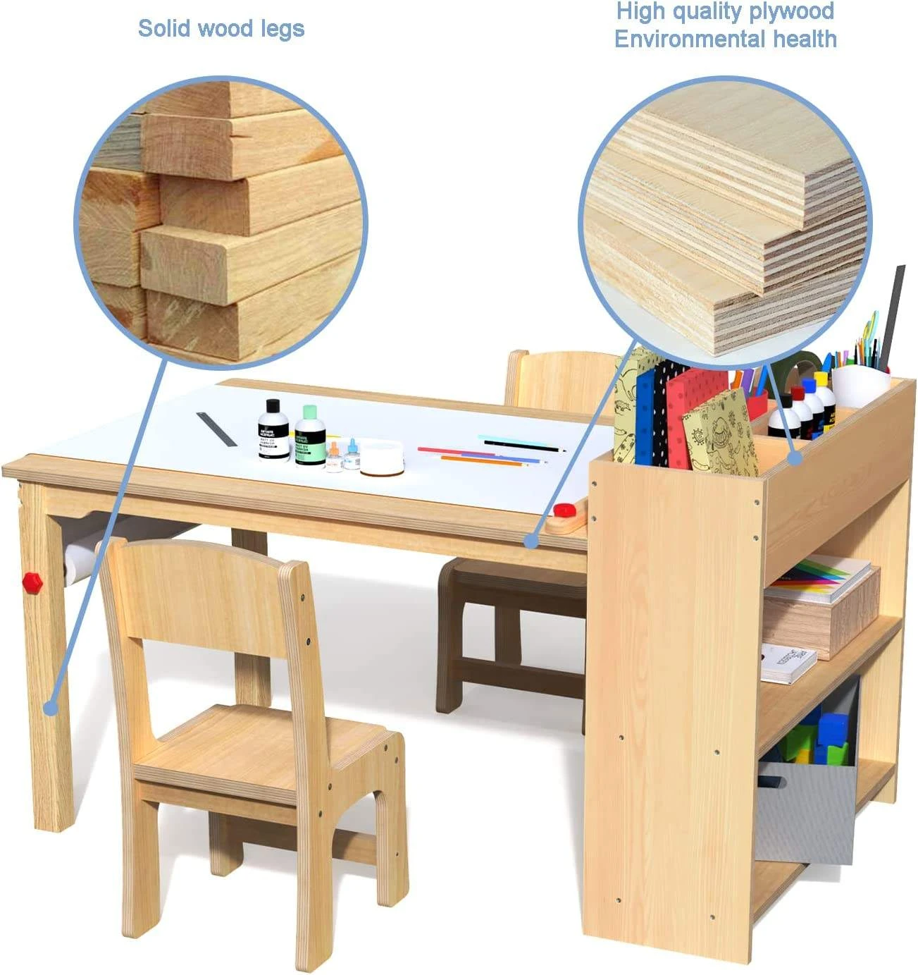 Kids Wooden Activity Table and Chair Set with Built-in Storage Organizer &mdash; Natural Pine Table with D