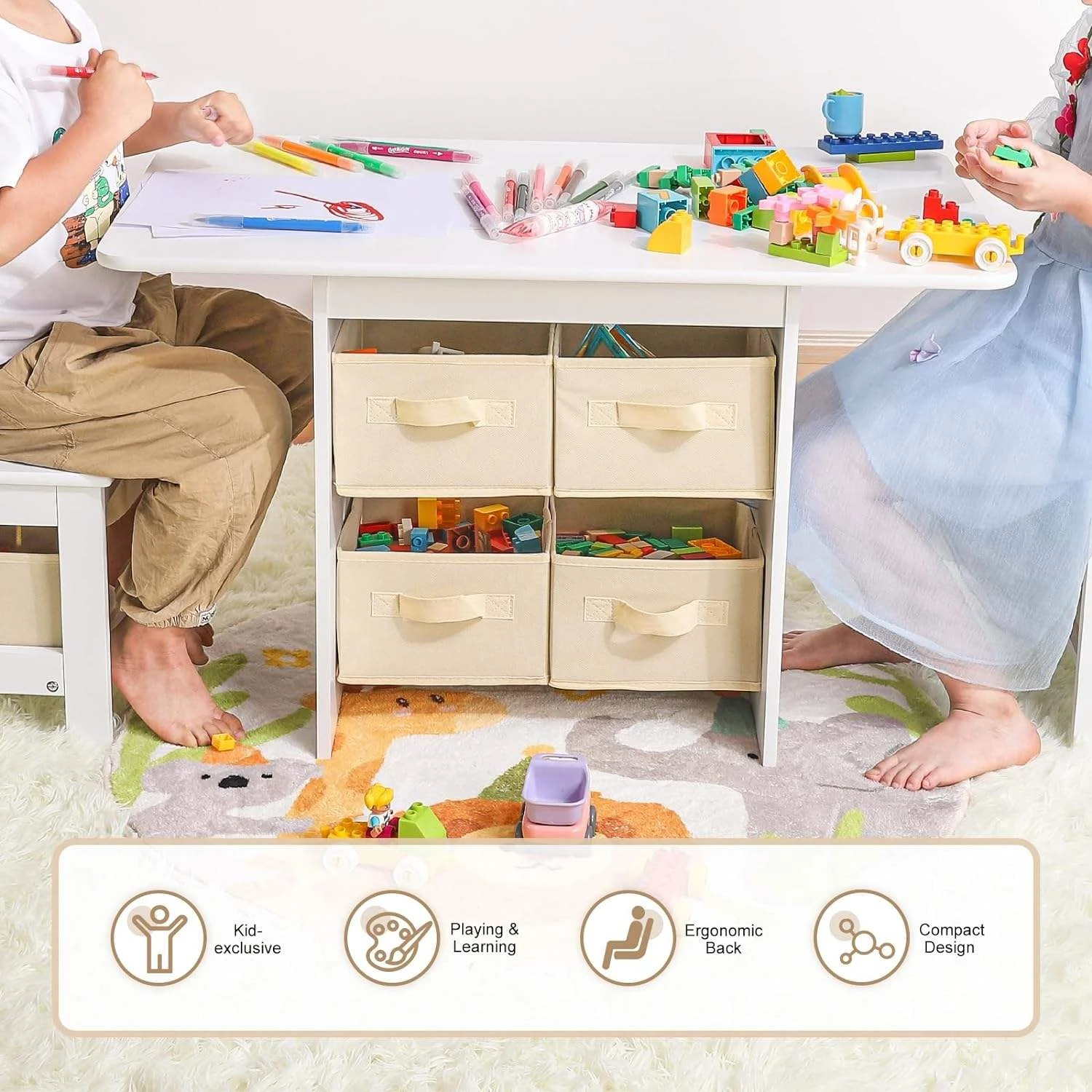 White Kids Activity Table & 2 Chair Set &mdash; Built-in Fabric Storage Bins Under Table & Chairs, Rounded