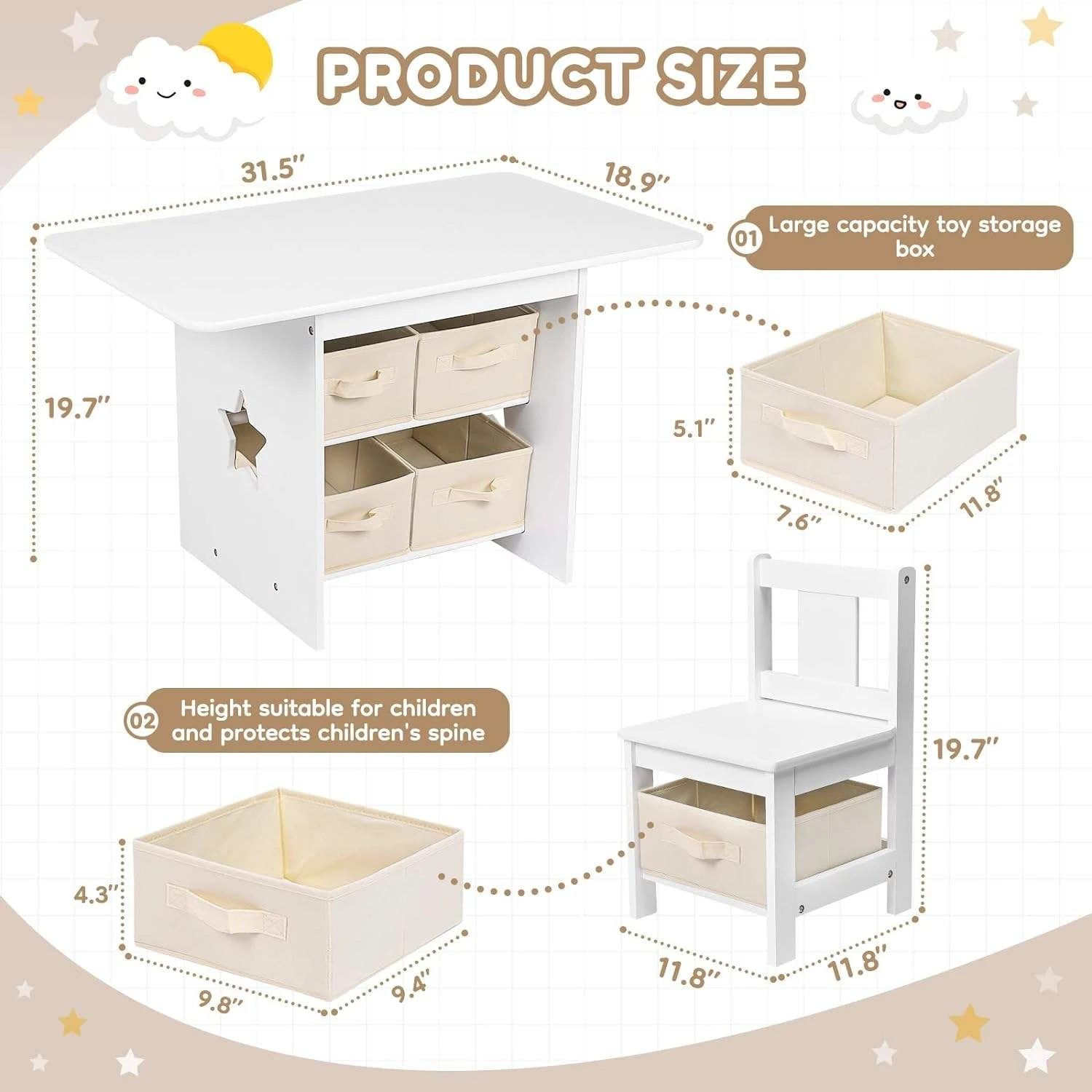 White Kids Activity Table & 2 Chair Set &mdash; Built-in Fabric Storage Bins Under Table & Chairs, Rounded
