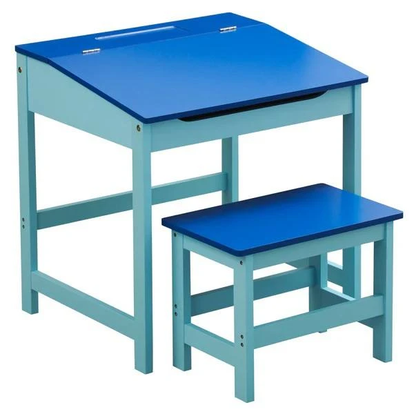 White Kids Lift-Top Desk and Stool Set &mdash; Hidden Storage Compartment, Tiltable Writing Surface, Minim