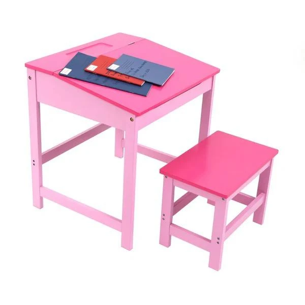White Kids Lift-Top Desk and Stool Set &mdash; Hidden Storage Compartment, Tiltable Writing Surface, Minim