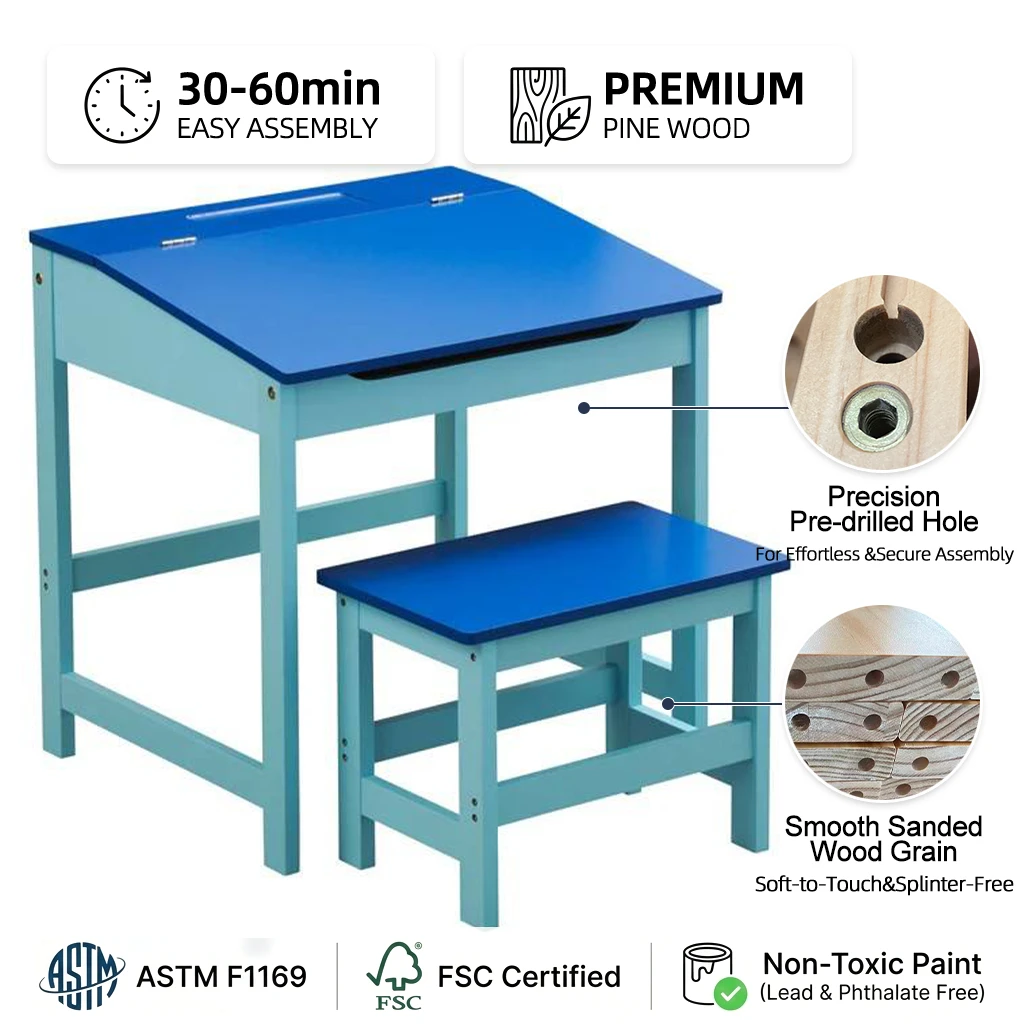 White Kids Lift-Top Desk and Stool Set &mdash; Hidden Storage Compartment, Tiltable Writing Surface, Minim