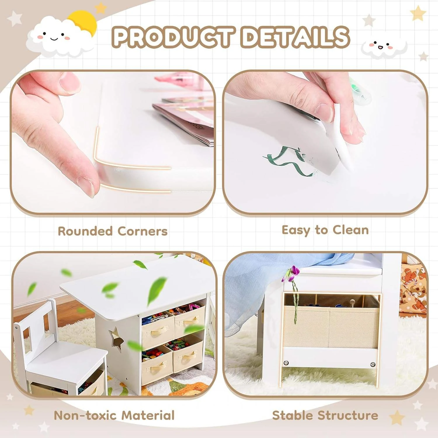 White Kids Activity Table & 2 Chair Set &mdash; Built-in Fabric Storage Bins Under Table & Chairs, Rounded