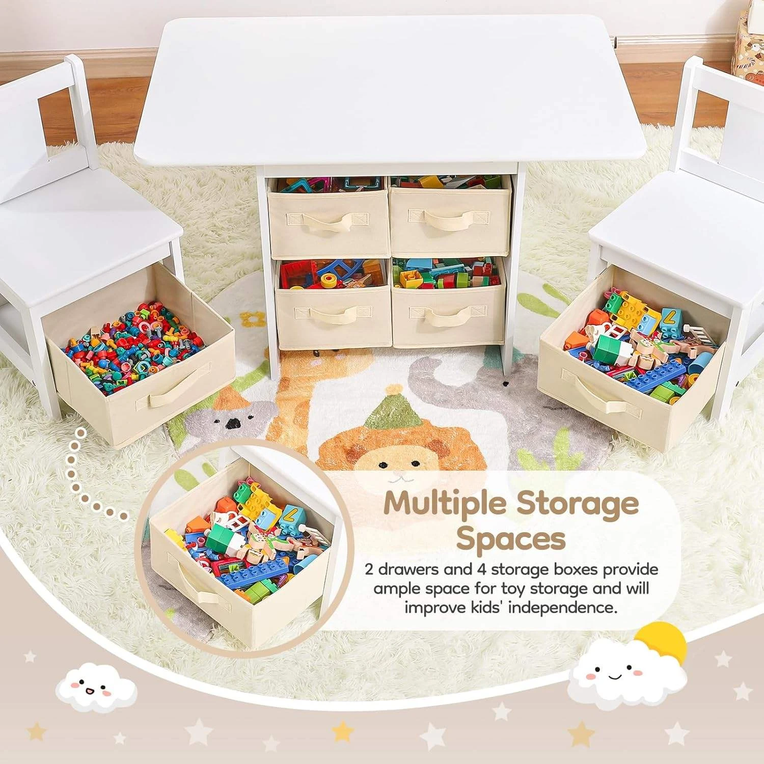 White Kids Activity Table & 2 Chair Set &mdash; Built-in Fabric Storage Bins Under Table & Chairs, Rounded