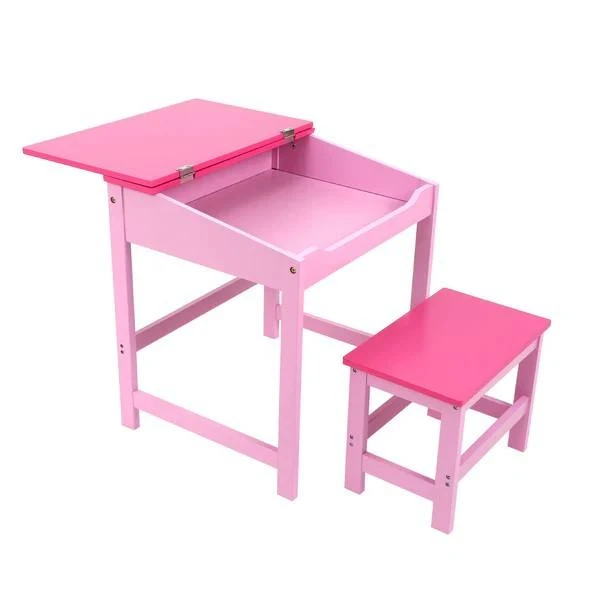 White Kids Lift-Top Desk and Stool Set &mdash; Hidden Storage Compartment, Tiltable Writing Surface, Minim