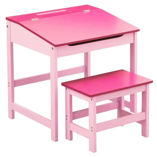 White Kids Lift-Top Desk and Stool Set &mdash; Hidden Storage Compartment, Tiltable Writing Surface, Minim