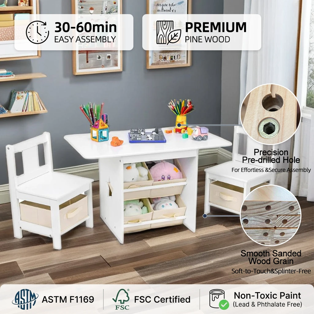 White Kids Activity Table & 2 Chair Set &mdash; Built-in Fabric Storage Bins Under Table & Chairs, Rounded