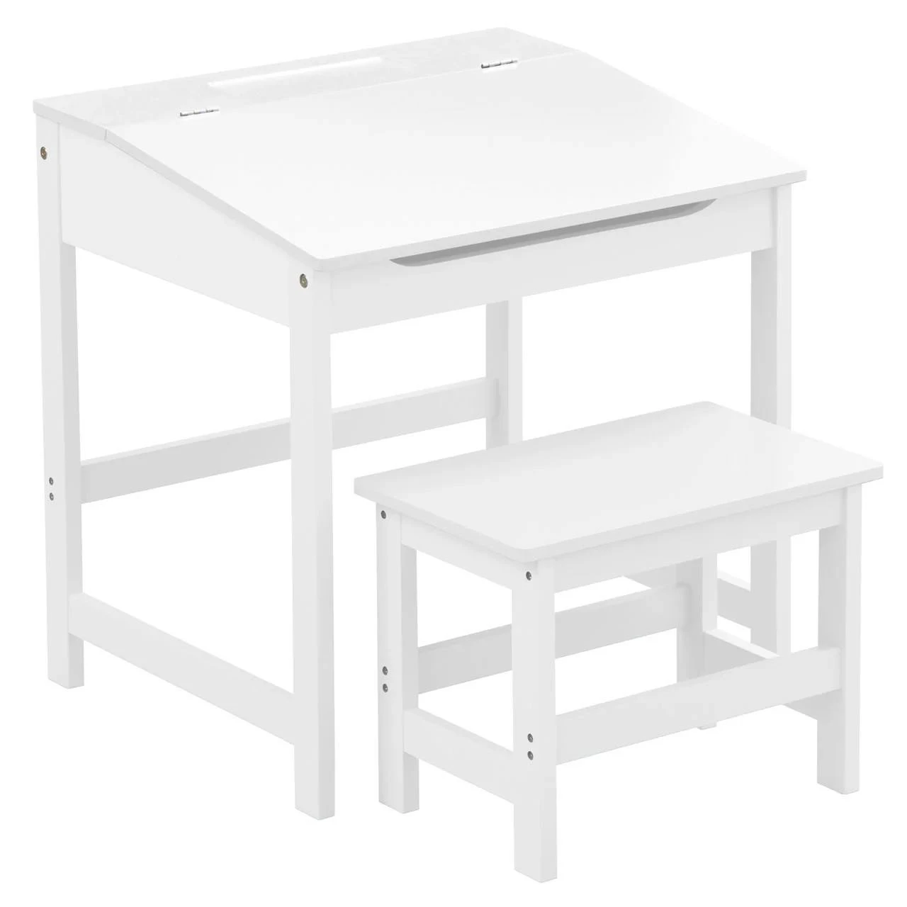 White Kids Lift-Top Desk and Stool Set &mdash; Hidden Storage Compartment, Tiltable Writing Surface, Minim