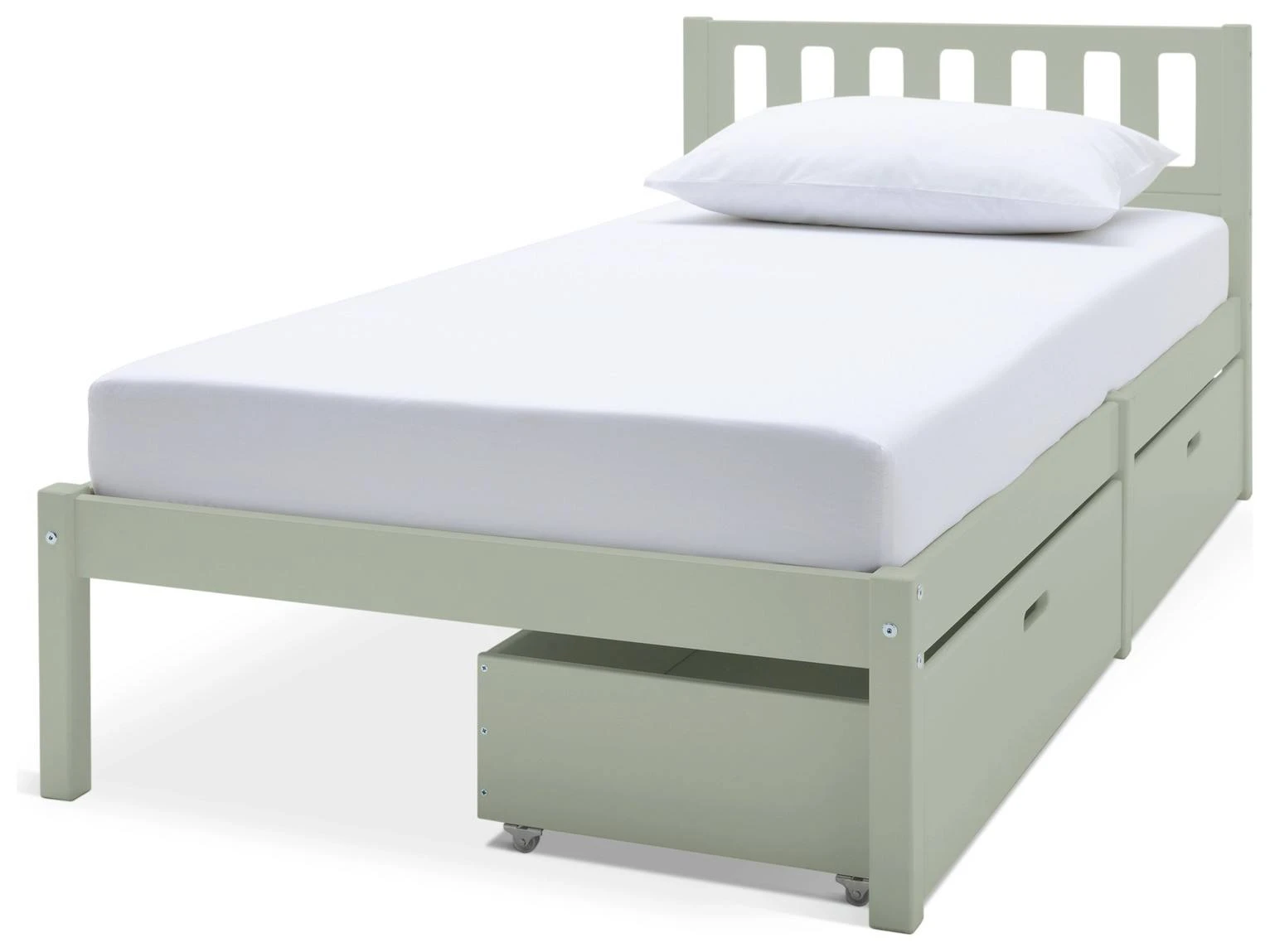Kids Wooden Bed with 2 Under-Bed Storage Drawers | Sage Green Children's Bed Frame with Slatted Head