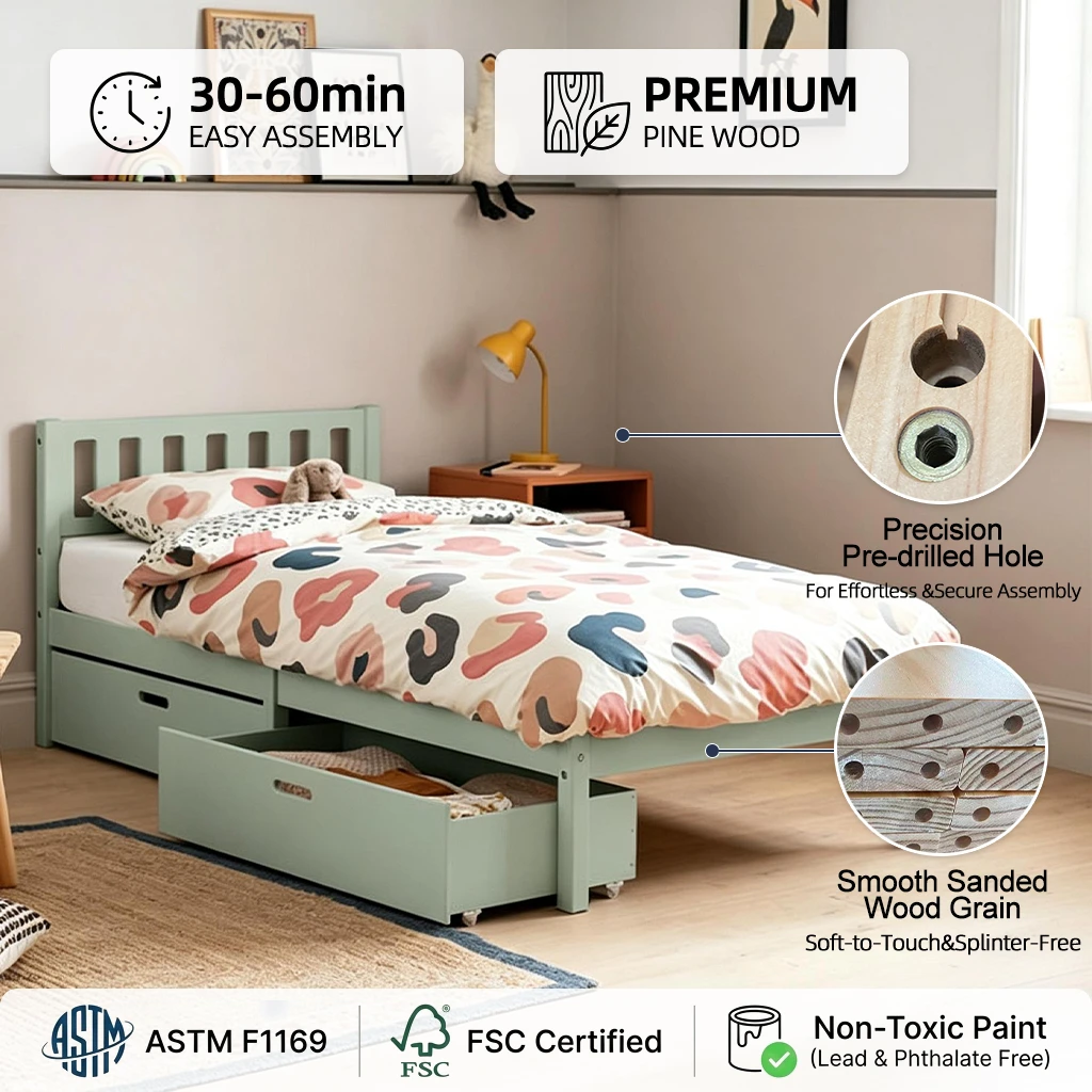 Kids Wooden Bed with 2 Under-Bed Storage Drawers | Sage Green Children's Bed Frame with Slatted Head