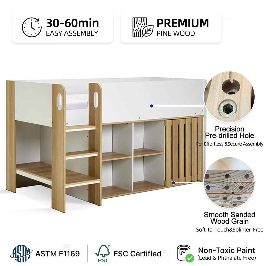 Kids Mid-Sleeper Cabin Bed with Storage | White & Oak Wood Children's Loft Bed with Safety Rails, La