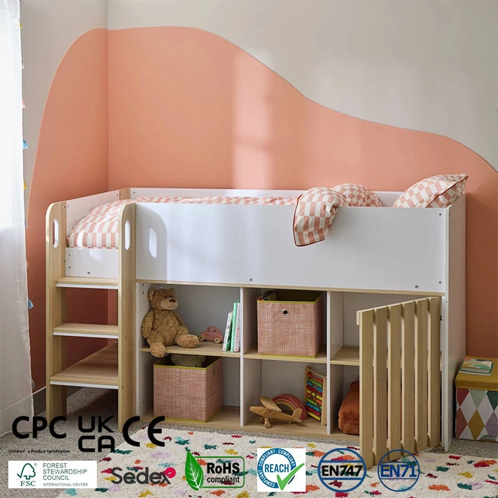 Kids Mid-Sleeper Cabin Bed with Storage | White & Oak Wood Children's Loft Bed with Safety Rails, La