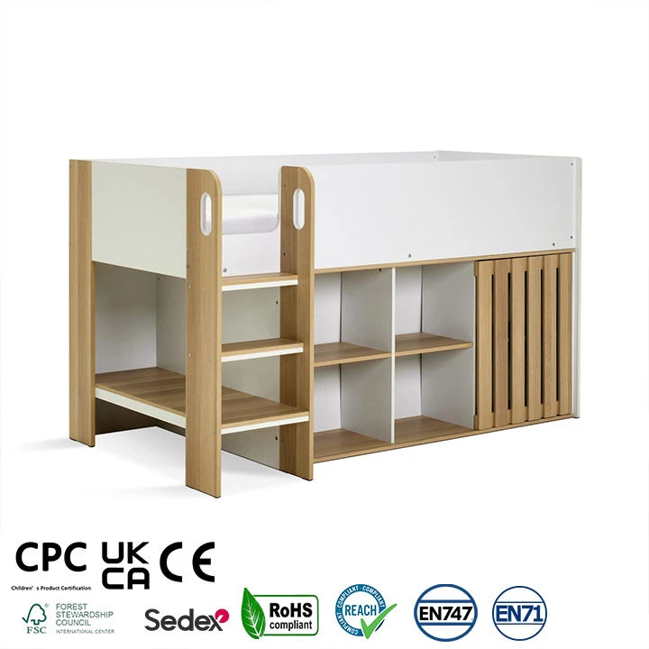 Kids Mid-Sleeper Cabin Bed with Storage | White & Oak Wood Children's Loft Bed with Safety Rails, La