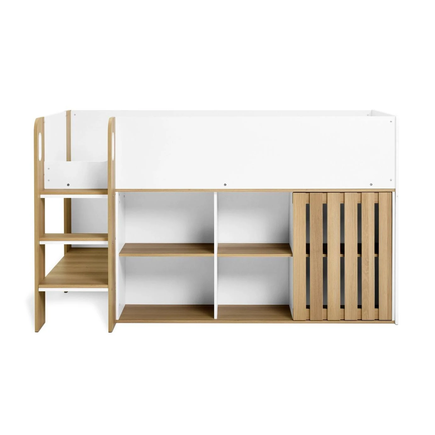 Kids Mid-Sleeper Cabin Bed with Storage | White & Oak Wood Children's Loft Bed with Safety Rails, La