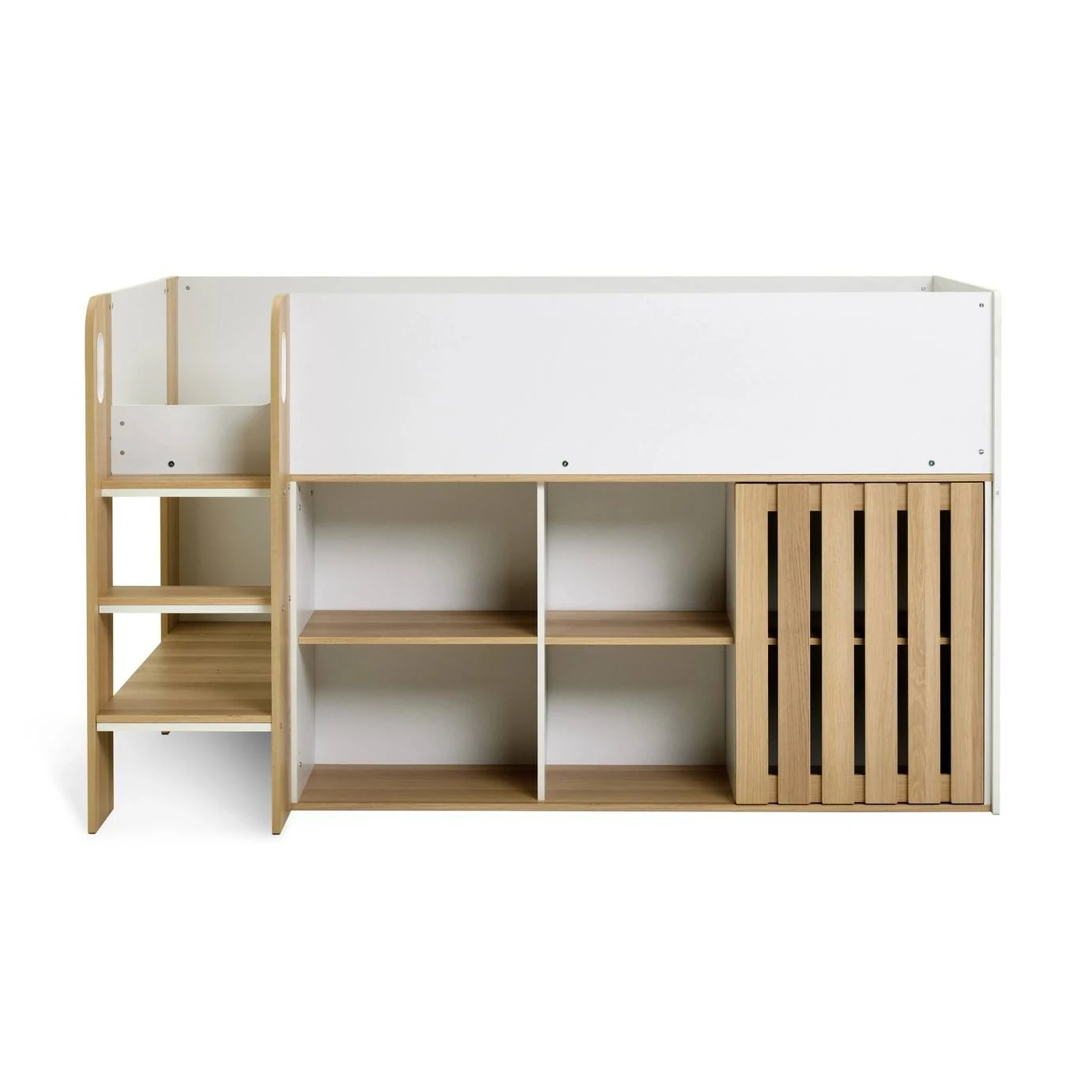 Kids Mid-Sleeper Cabin Bed with Storage | White & Oak Wood Children's Loft Bed with Safety Rails, La
