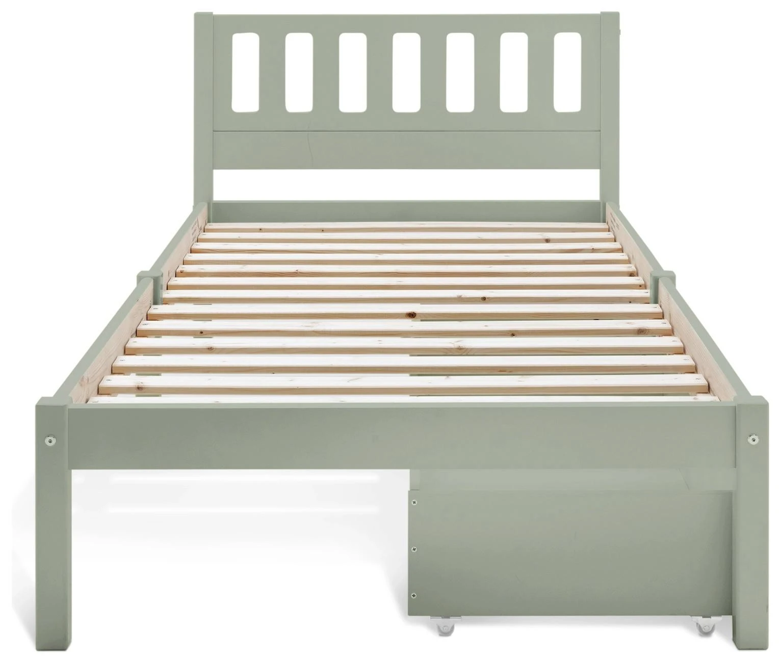 Kids Wooden Bed with 2 Under-Bed Storage Drawers | Sage Green Children's Bed Frame with Slatted Head
