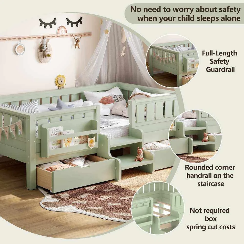 Sage Green Toddler Bed with 3-Side Safety Rails, Front Bookshelf & Built-In Steps | Wooden Crib-to-B