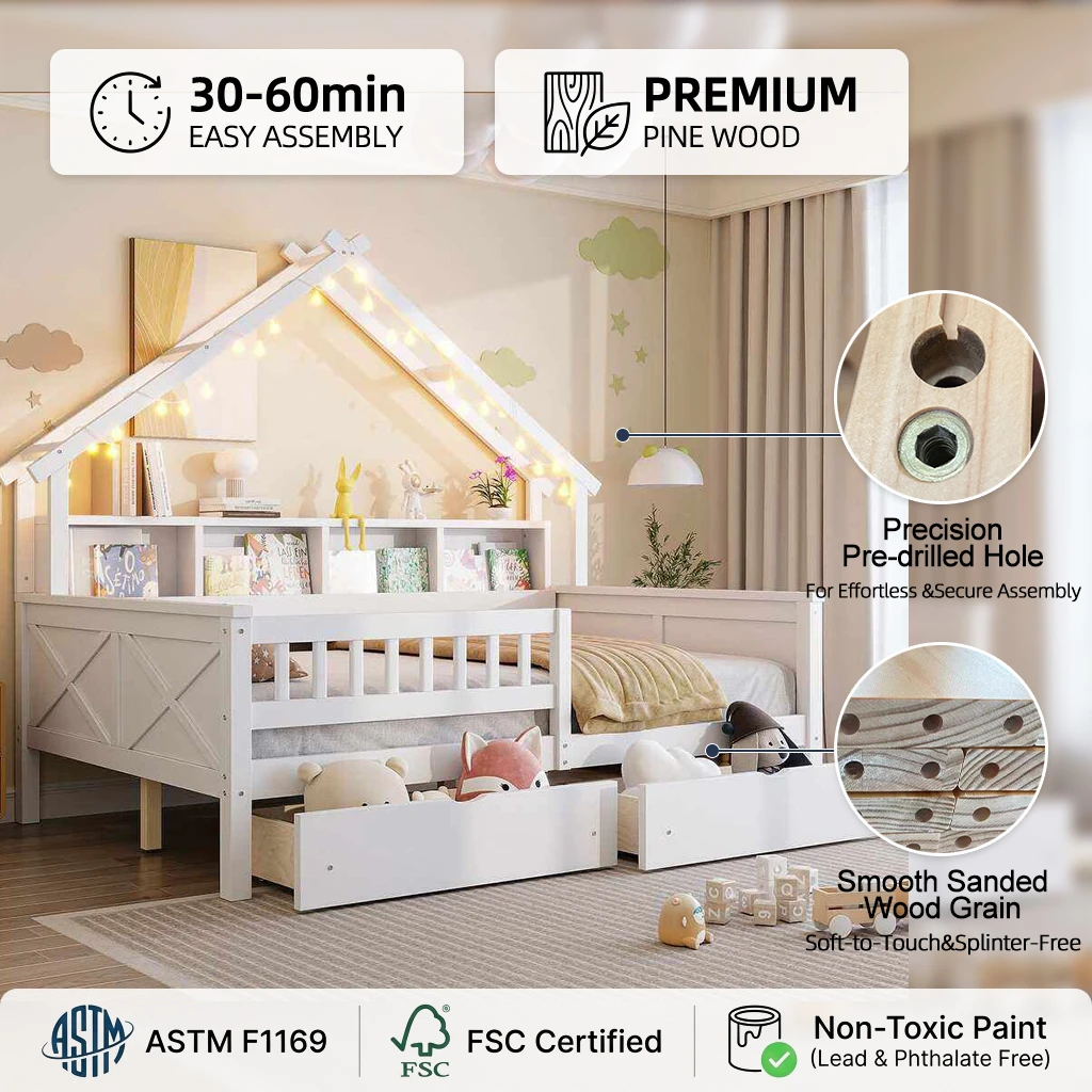 House-Shaped Kids Wooden Daybed with Built-In Bookshelf & 2 Storage Drawers | Nordic Cabin Style Tod
