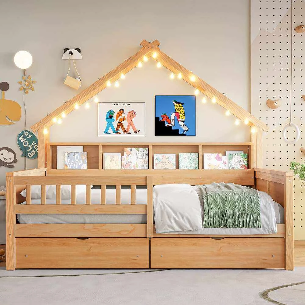 House-Shaped Kids Wooden Daybed with Built-In Bookshelf & 2 Storage Drawers | Nordic Cabin Style Tod