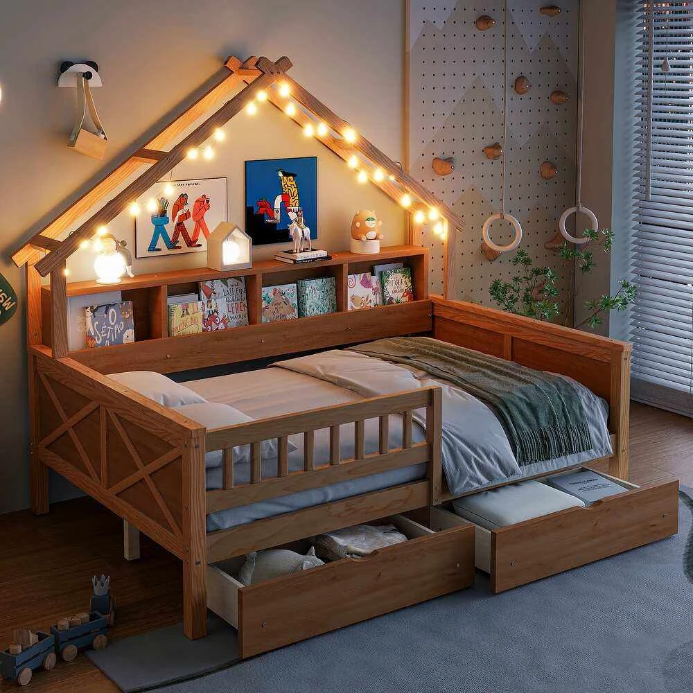 House-Shaped Kids Wooden Daybed with Built-In Bookshelf & 2 Storage Drawers | Nordic Cabin Style Tod