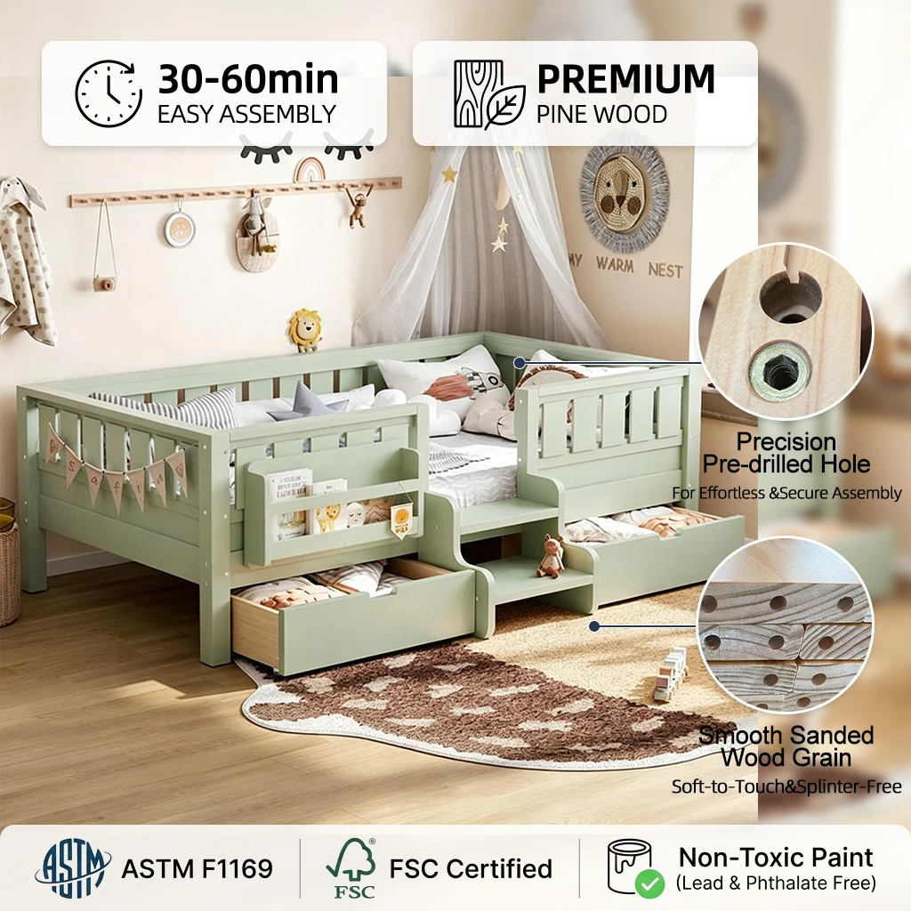 Sage Green Toddler Bed with 3-Side Safety Rails, Front Bookshelf & Built-In Steps | Wooden Crib-to-B