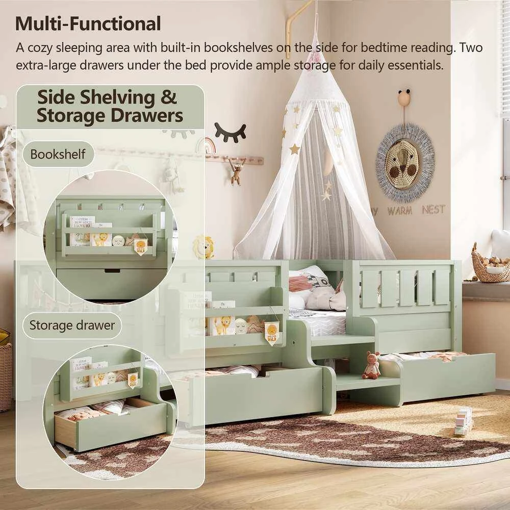 Sage Green Toddler Bed with 3-Side Safety Rails, Front Bookshelf & Built-In Steps | Wooden Crib-to-B
