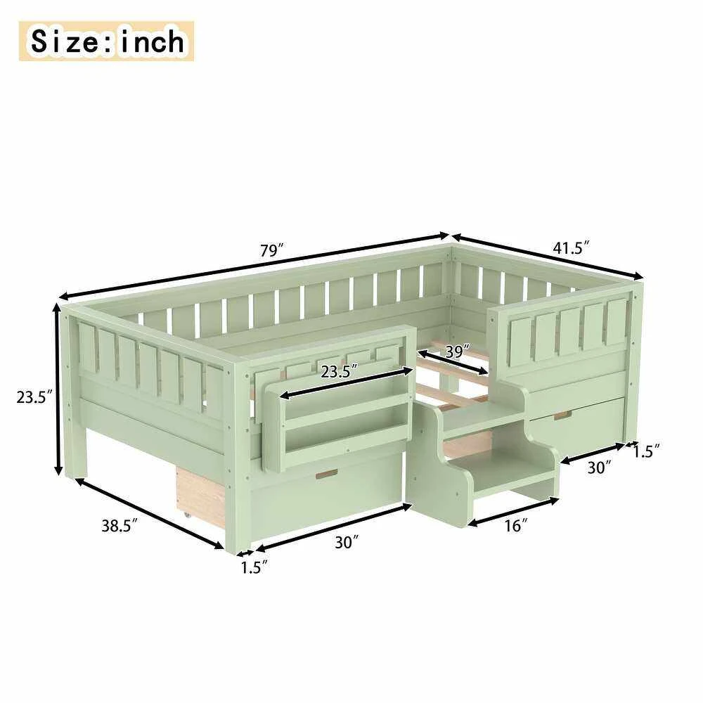 Sage Green Toddler Bed with 3-Side Safety Rails, Front Bookshelf & Built-In Steps | Wooden Crib-to-B