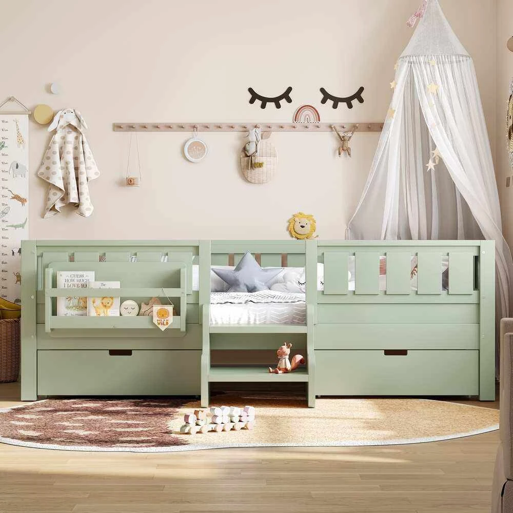Sage Green Toddler Bed with 3-Side Safety Rails, Front Bookshelf & Built-In Steps | Wooden Crib-to-B