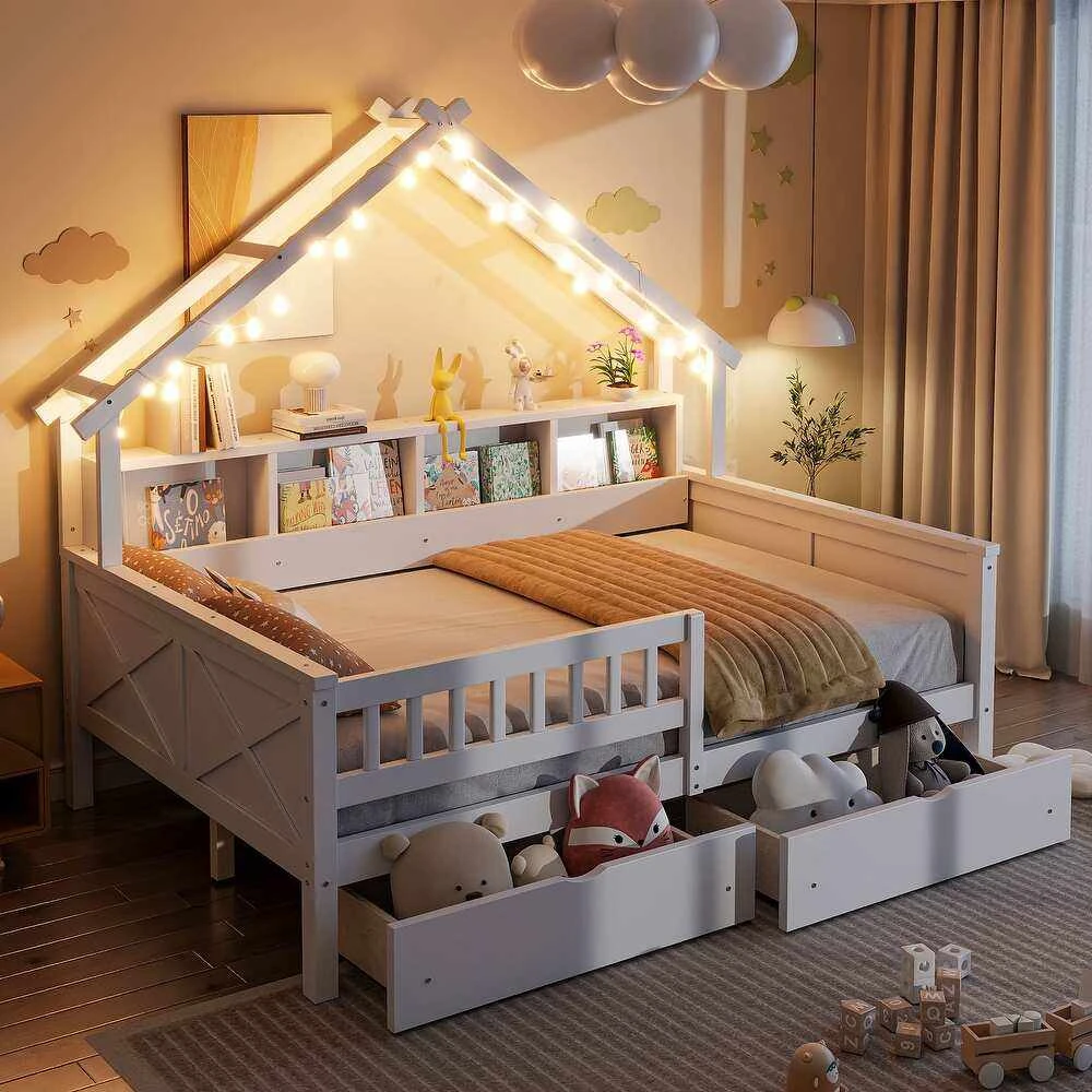 House-Shaped Kids Wooden Daybed with Built-In Bookshelf & 2 Storage Drawers | Nordic Cabin Style Tod