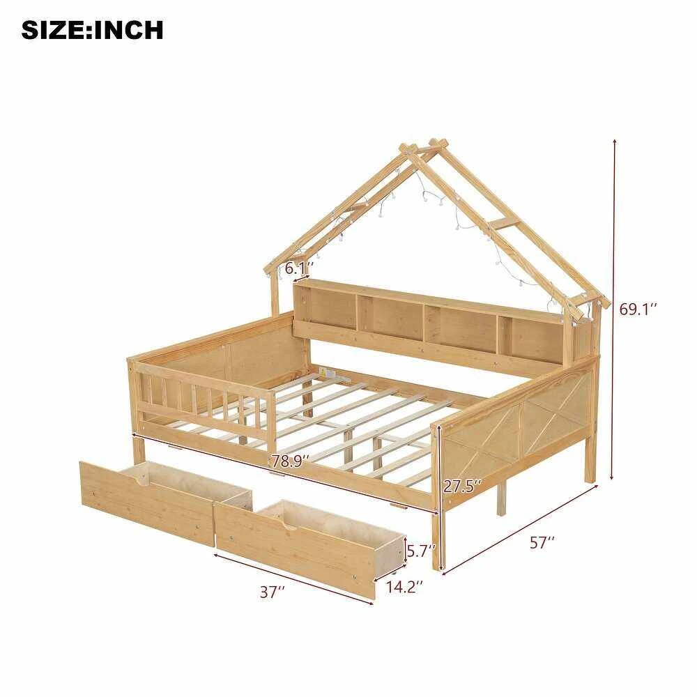 House-Shaped Kids Wooden Daybed with Built-In Bookshelf & 2 Storage Drawers | Nordic Cabin Style Tod