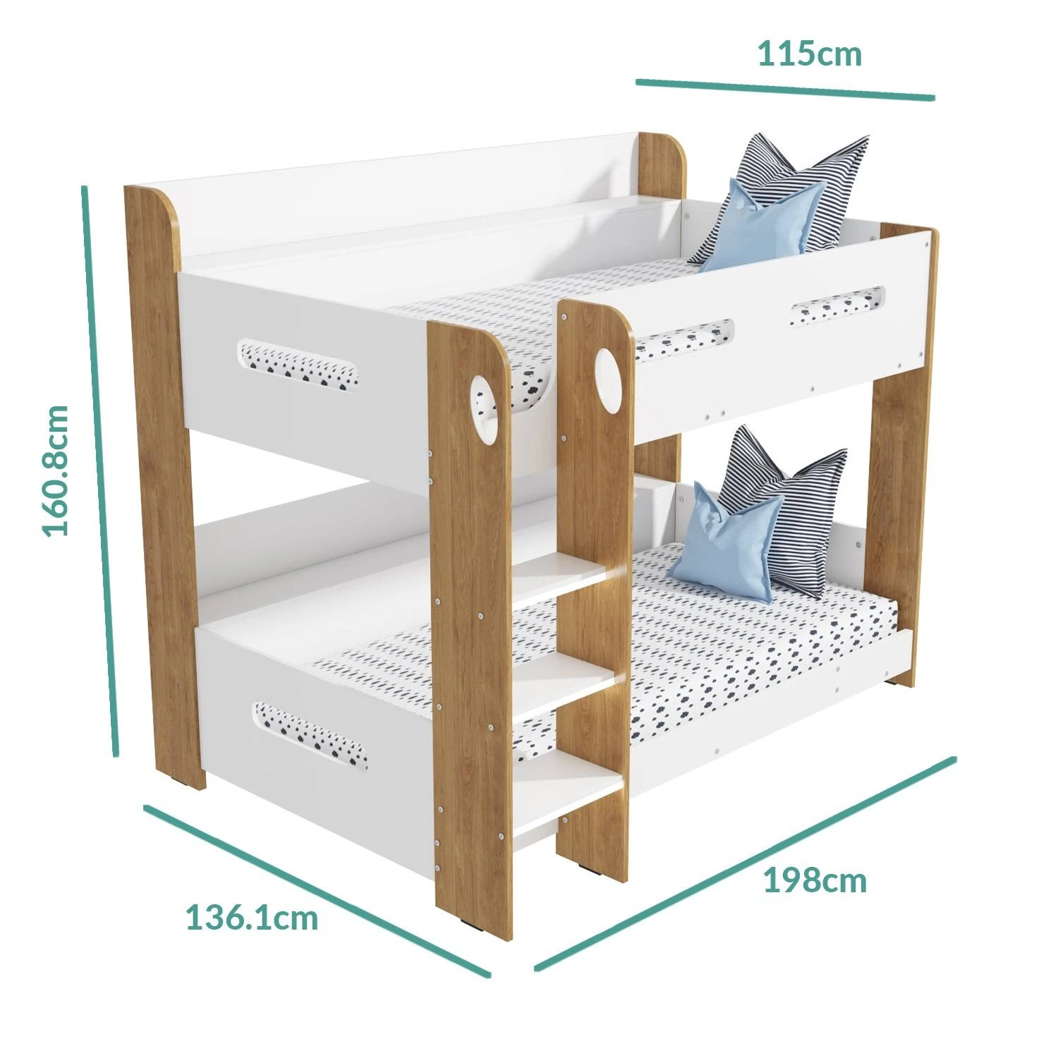 Kids Bunk Bed with Built-In Ladder, Upper Shelf & Storage Box | White & Oak Wooden Twin over Twin Bu