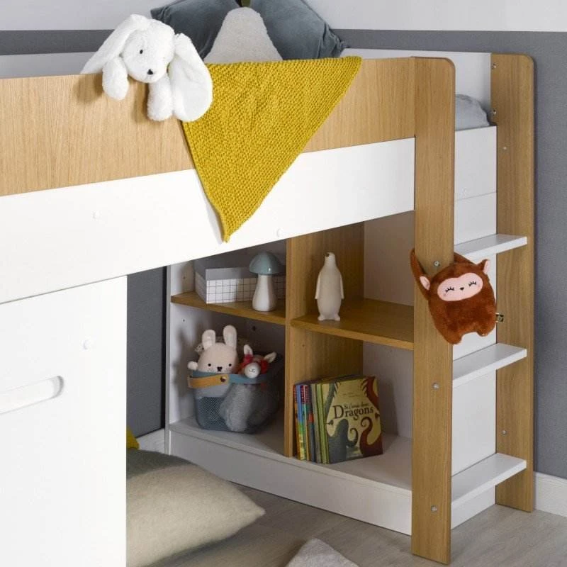 Kids Mid-Sleeper Bed with Pull-Out Desk, 3 Drawers & Shelves | White & Oak Wooden Cabin Loft Bed wit