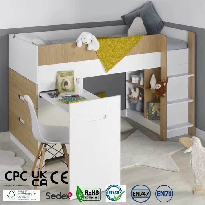 Kids Mid-Sleeper Bed with Pull-Out Desk, 3 Drawers & Shelves | White & Oak Wooden Cabin Loft Bed wit