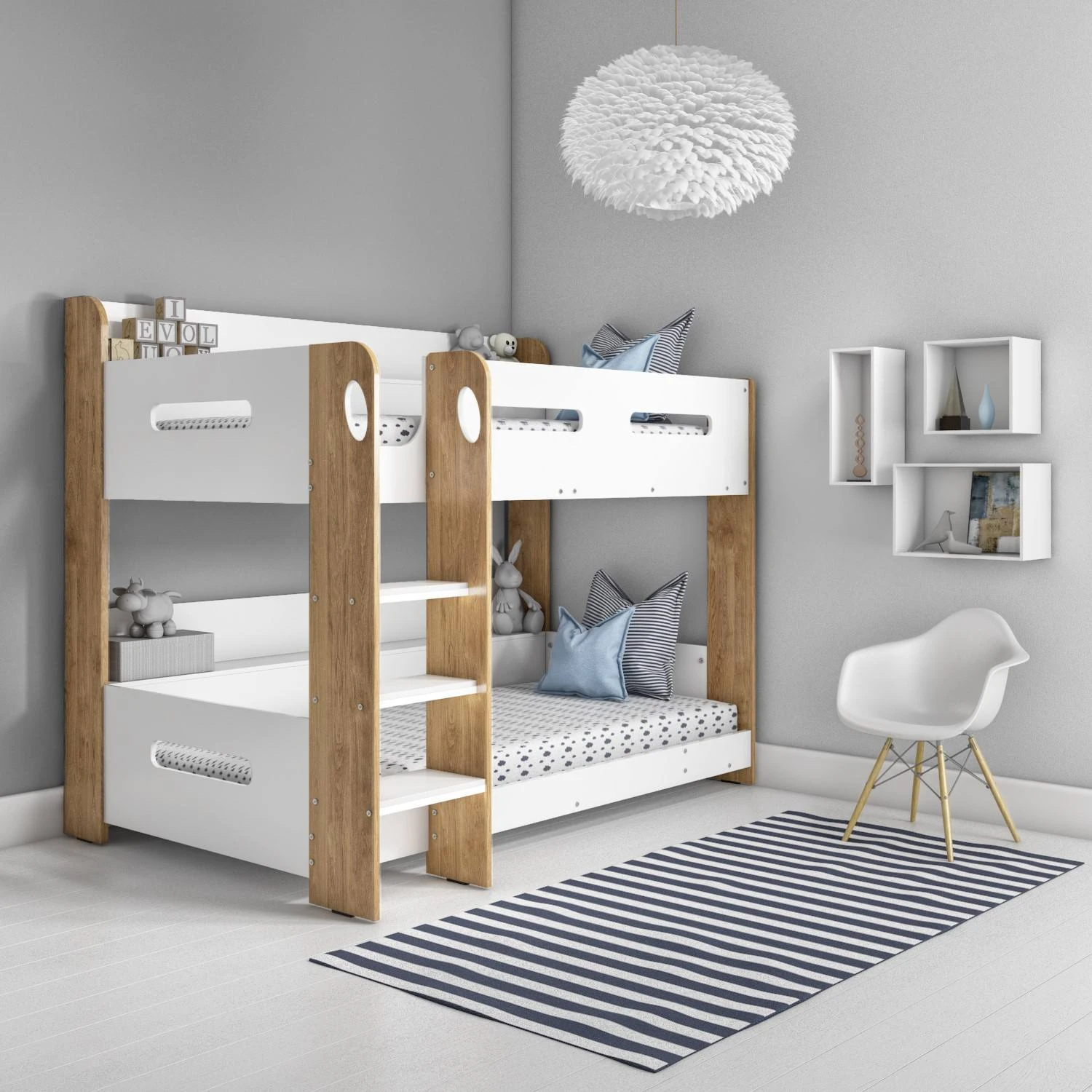 Kids Bunk Bed with Built-In Ladder, Upper Shelf & Storage Box | White & Oak Wooden Twin over Twin Bu
