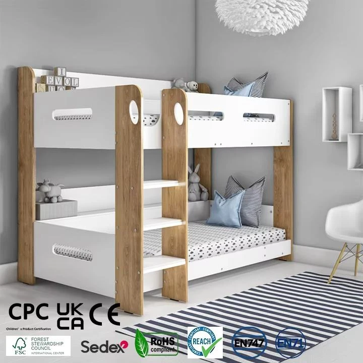Kids Bunk Bed with Built-In Ladder, Upper Shelf & Storage Box | White & Oak Wooden Twin over Twin Bu