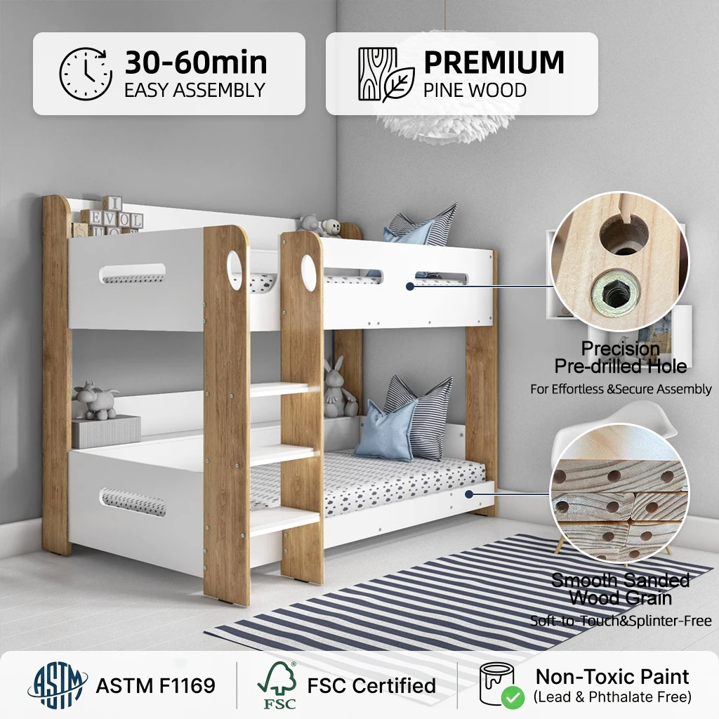Kids Bunk Bed with Built-In Ladder, Upper Shelf & Storage Box | White & Oak Wooden Twin over Twin Bu