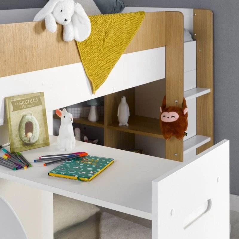 Kids Mid-Sleeper Bed with Pull-Out Desk, 3 Drawers & Shelves | White & Oak Wooden Cabin Loft Bed wit