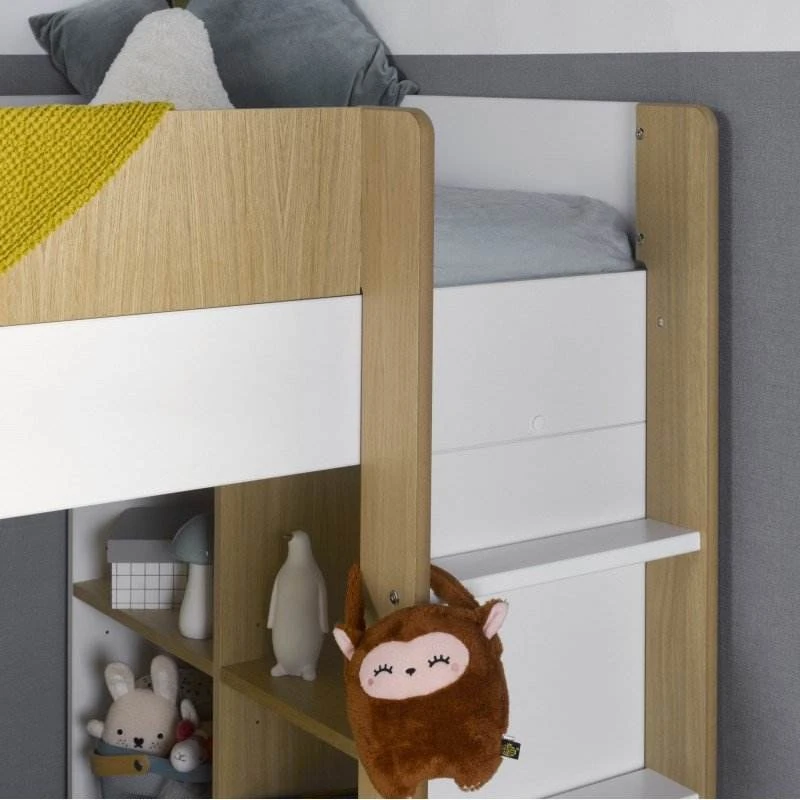 Kids Mid-Sleeper Bed with Pull-Out Desk, 3 Drawers & Shelves | White & Oak Wooden Cabin Loft Bed wit