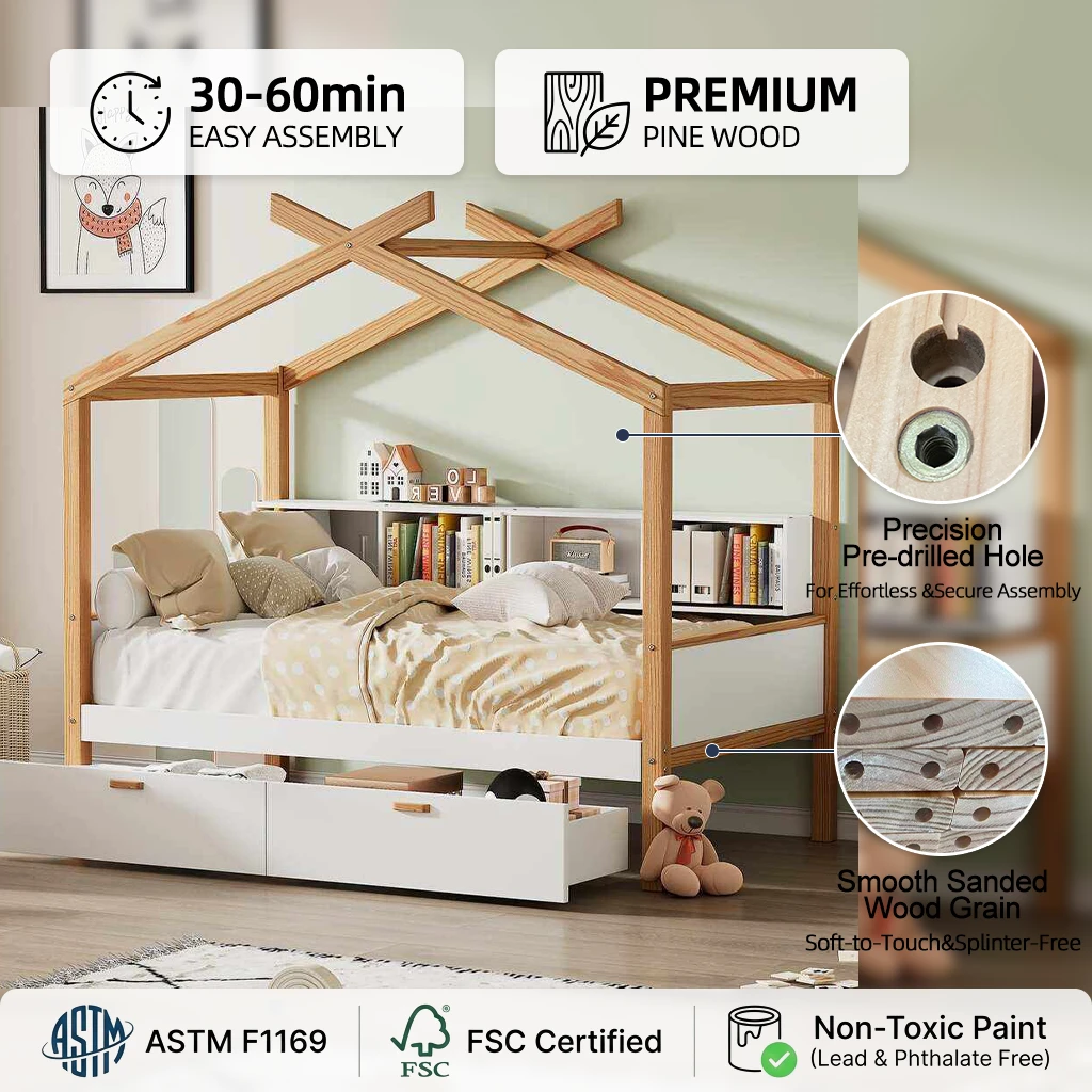 House-Shaped Kids Wooden Bed with Built-In Headboard Bookshelf & Under-Bed Drawer | Natural Oak Cabi