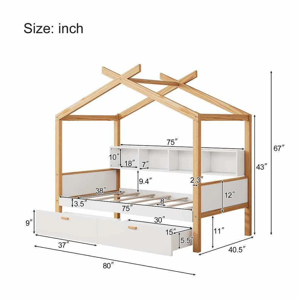 House-Shaped Kids Wooden Bed with Built-In Headboard Bookshelf & Under-Bed Drawer | Natural Oak Cabi