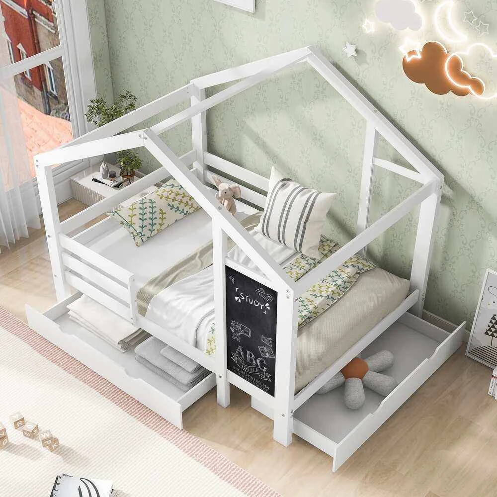 White House-Shaped Kids Bed with Built-In Chalkboard & Under-Bed Trundle Drawer | Wooden Cabin-Style