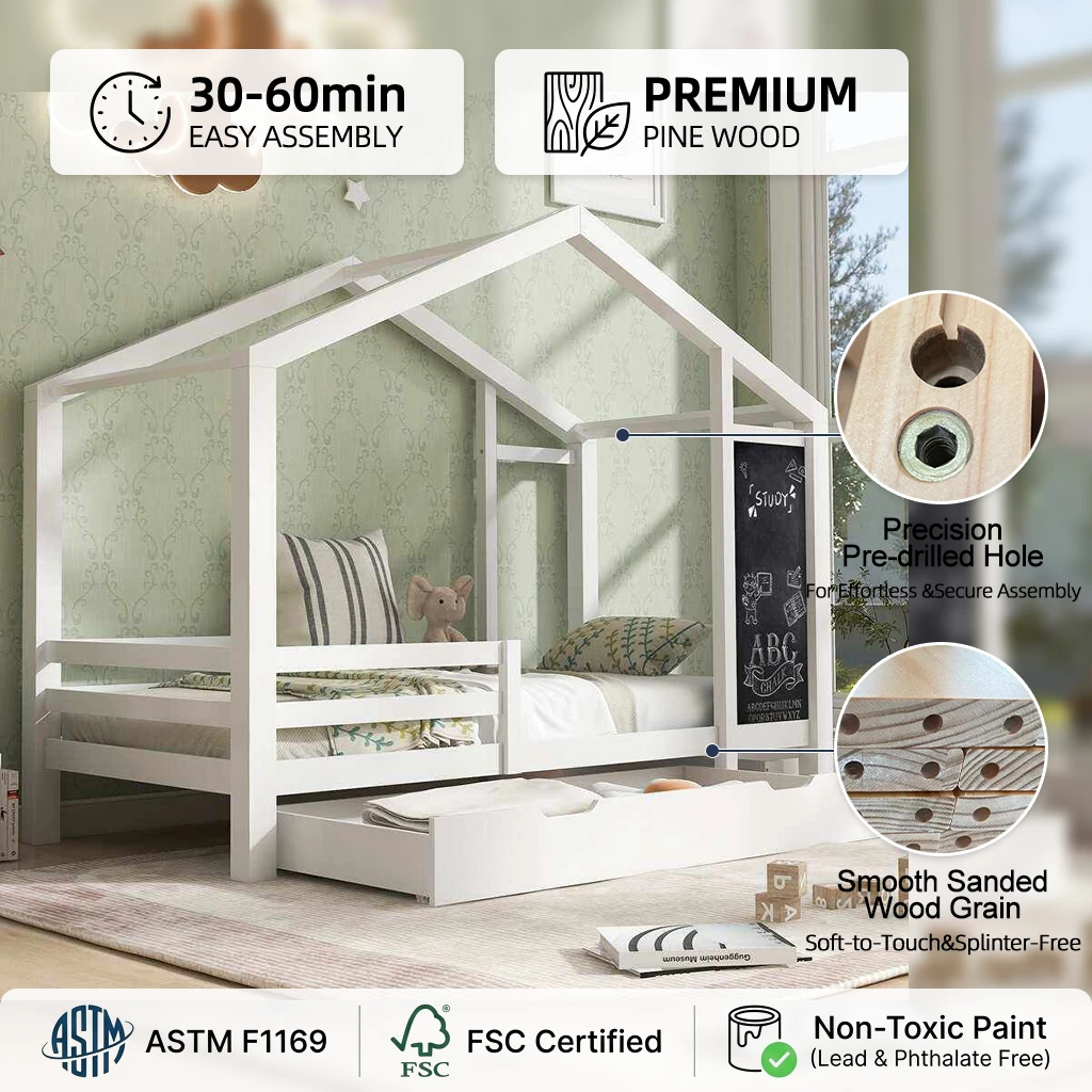 White House-Shaped Kids Bed with Built-In Chalkboard & Under-Bed Trundle Drawer | Wooden Cabin-Style