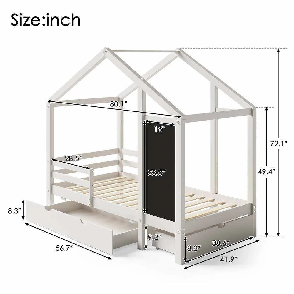 White House-Shaped Kids Bed with Built-In Chalkboard & Under-Bed Trundle Drawer | Wooden Cabin-Style