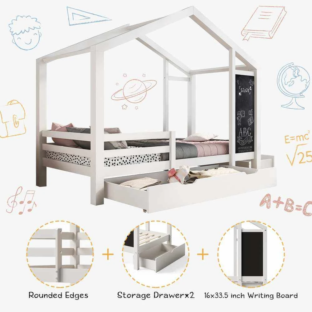 White House-Shaped Kids Bed with Built-In Chalkboard & Under-Bed Trundle Drawer | Wooden Cabin-Style