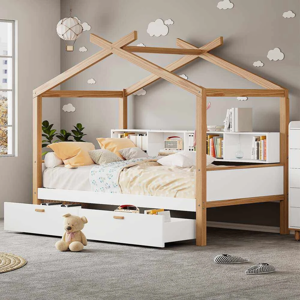 House-Shaped Kids Wooden Bed with Built-In Headboard Bookshelf & Under-Bed Drawer | Natural Oak Cabi
