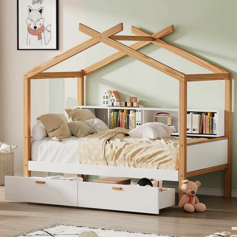 House-Shaped Kids Wooden Bed with Built-In Headboard Bookshelf & Under-Bed Drawer | Natural Oak Cabi