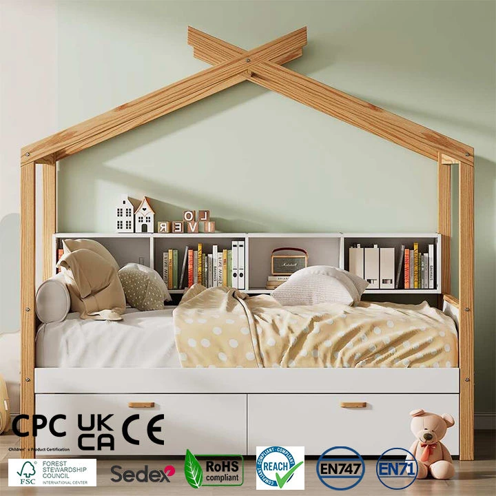 House-Shaped Kids Wooden Bed with Built-In Headboard Bookshelf & Under-Bed Drawer | Natural Oak Cabi